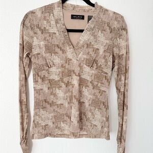 Axcess Taupe Geometric V-Neck Long Sleeve Top